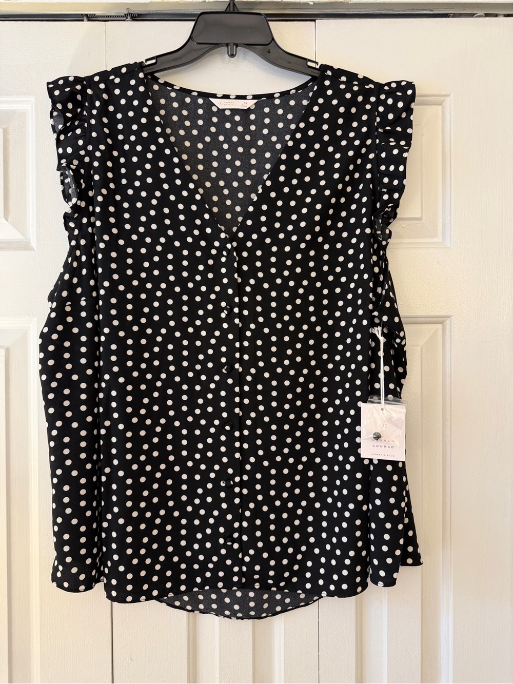 LC Lauren Conrad Black and White Polka Dot Ruffle Sleeve V-Neck Top